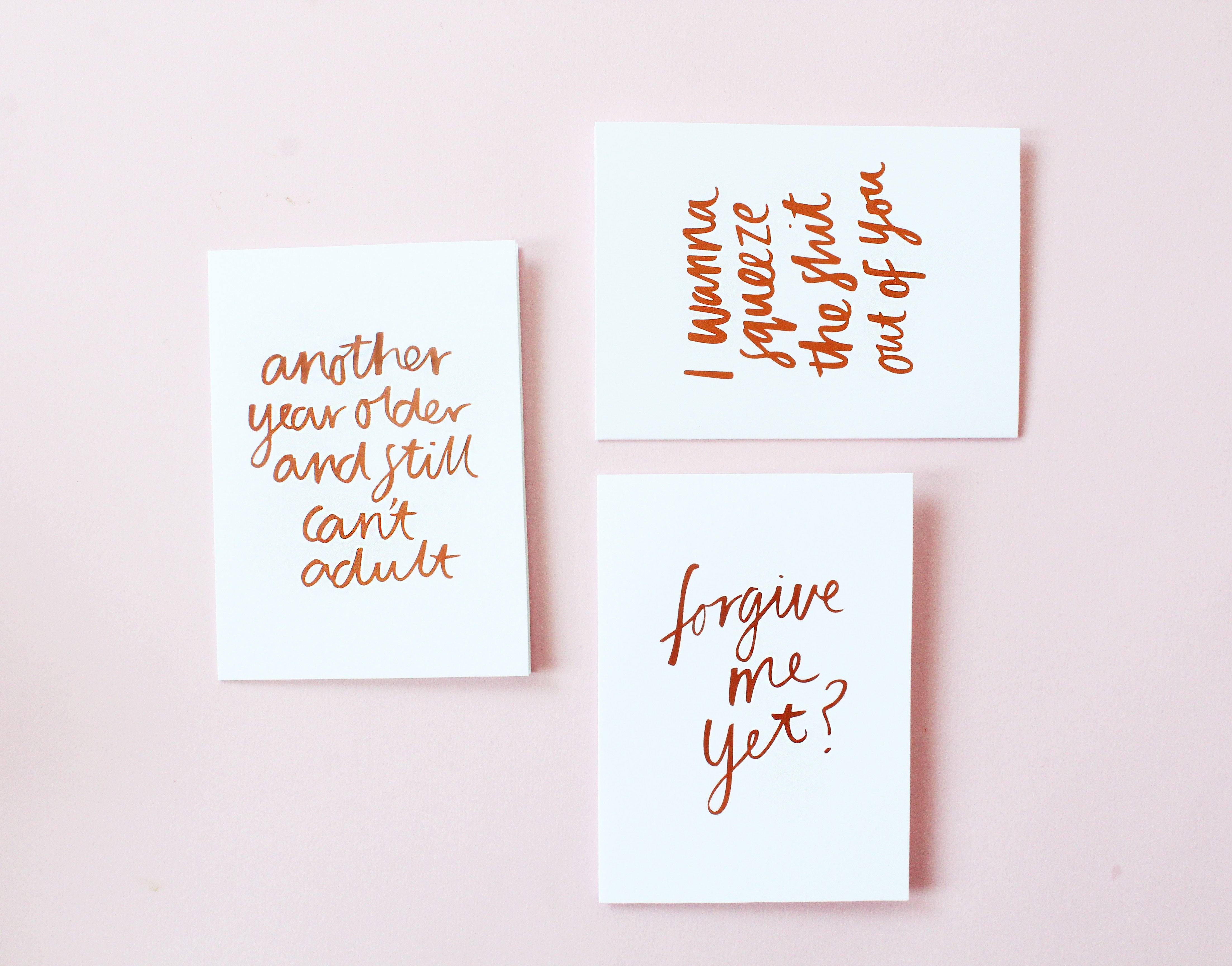 Forgive Me Yet? foiled greeting card | Blushing Confetti